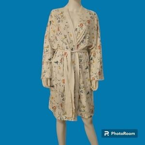VTG CLAUDIA BARNES White Floral Lightweight Cotton Cover-up Robe Medium